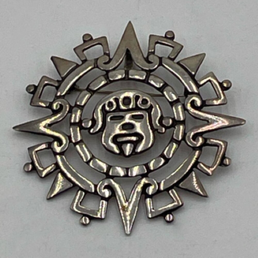 Taxco Mexico Sterling Aztec Sun God Brooch / Pendant, 10.2g, Alberto Diaz Ocampo - Picture 7 of 11
